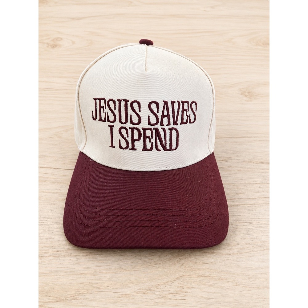 Jesus Saves I Spend Snapback Trucker Hat Cream and Burgundy Embroidered